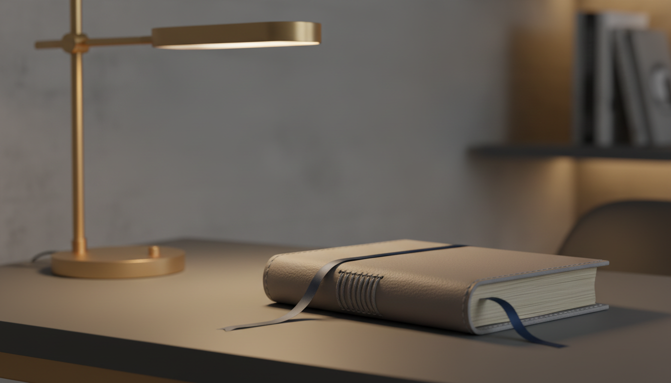 A meticulous, close-up photograph of a hand-stitched leather-bound journal, its softly pebbled cover in a hushed dove gray with a slim satin bookmark resting atop. The journal lies on a matte slate-gray writing desk with a minimalist brass reading lamp casting warm, diffused light, highlighting the journal’s textured spine and the gentle curve of its pages. The atmosphere is calm and intimate, perfect for moments of reflection or creative inspiration. The composition is carefully balanced using the rule of thirds, with the journal in sharp focus and the background fading into soft, unobtrusive gradients. The sophisticated, photographic realism and refined details reinforce the site’s commitment to intentional, timeless publishing.