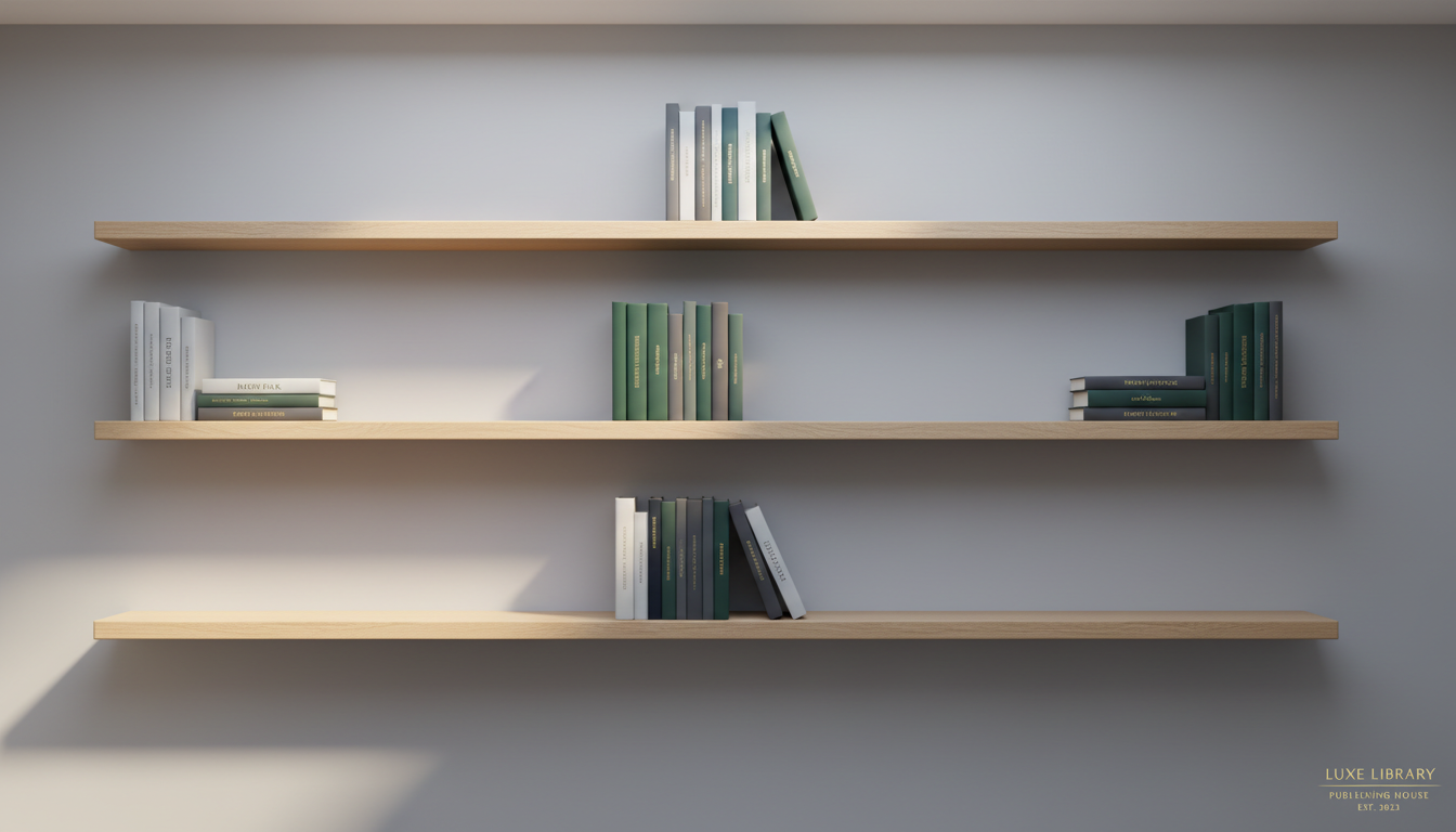 A serene, refined scene featuring a set of minimalist floating bookshelves made from pale, natural wood, sparsely populated with a carefully curated selection of literary classics in muted, matte dust jackets. The shelves are mounted on a smooth, dove-gray wall and bathed in gentle morning light filtering through an unseen skylight. The soft illumination produces delicate highlights and barely-there shadows beneath the shelves, enhancing the sense of quiet sophistication. The wide-angle, eye-level photographic composition embraces negative space and a balanced, minimalist aesthetic, creating a visually calming mood that mirrors the deliberate curation and enduring legacy of Luxe Library Publishing House.