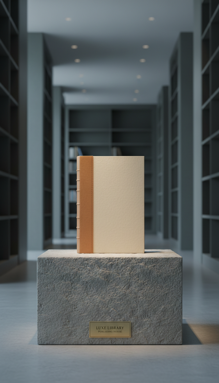 A single, finely crafted slipcase of parchment-toned archival paper housing a timeless leather-bound volume, positioned centrally upon a stone-textured pedestal within a spacious, modern library alcove. The ambient lighting is cool and understated, creating subtle gradients across the slipcase’s surface and imparting a muted, contemplative ambiance. Crisp highlights accentuate the nuanced texture of both slipcase and book, while gentle shadows along the pedestal add depth without distraction. Captured at eye level with clean, symmetrical framing, this photographic image embraces minimalist elegance and refined composition. The scene exudes quiet sophistication and reverence for classic literary works, ideal for conveying the premium, intentional publishing focus of Luxe Library Publishing House.